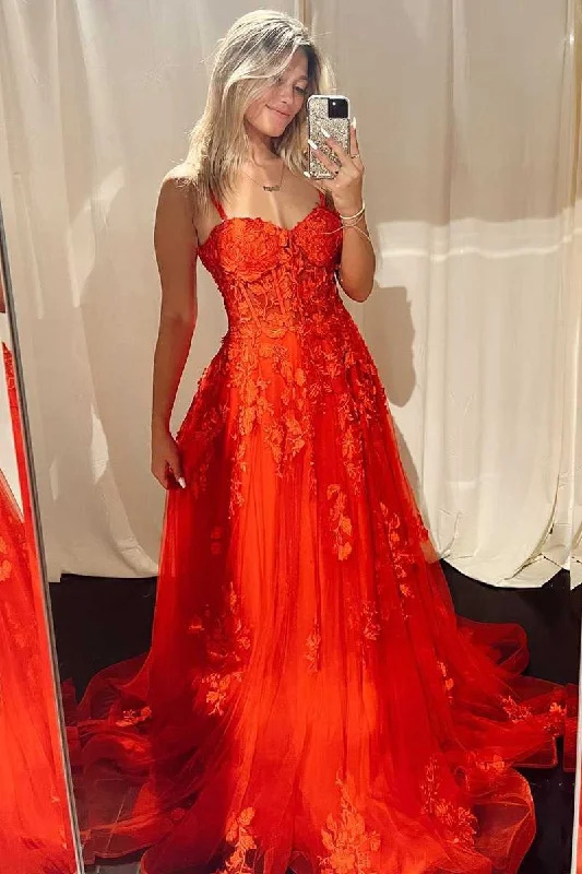 New Deals Straps Red Corset Lace Long Formal Dress with Appliques