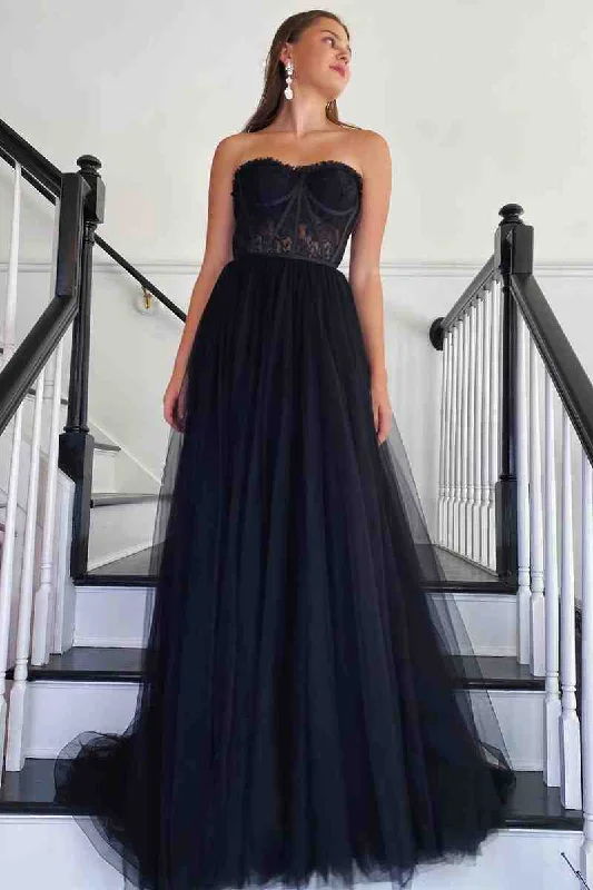 Amazing Deals Sweetheart Black Corset Lace Tulle Long Prom Dress