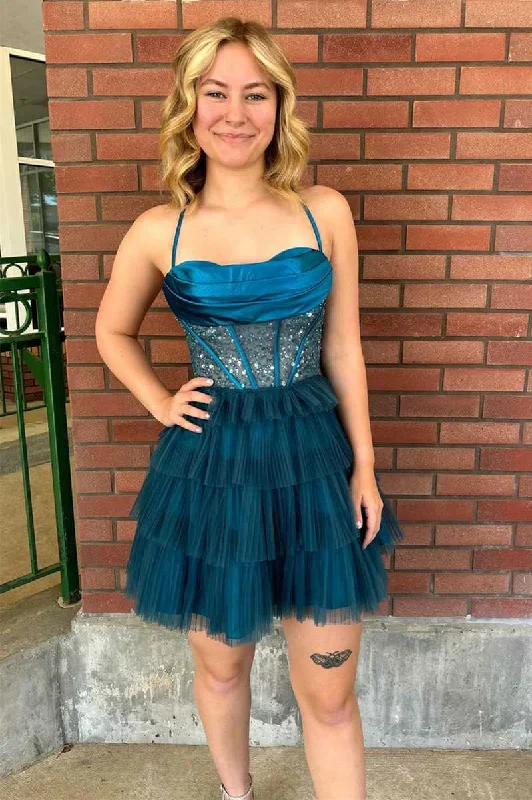 Epic Deals Straps Peacock Corset Pleated A-Line Tiered Short Homecoming Dress