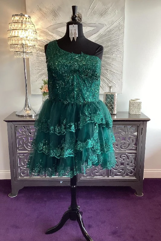Price Meltdown Green Appliques Ruffle Homecoming Dress One Shoulder Short