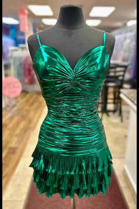 Can't Miss Sparkly Metallic Green Straps Knotted Short Homecoming Dress with Ruffles