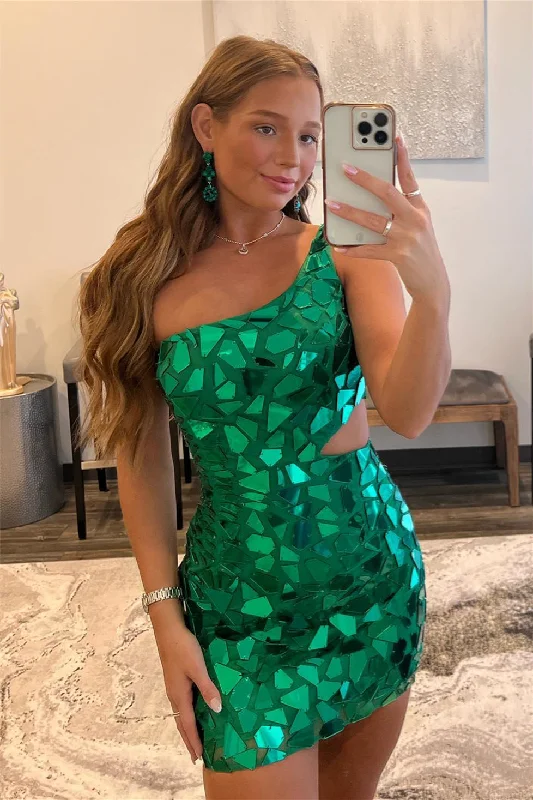 Overstock Sleeveless Green Mirror-Cut Sequins One Shoulder Homecoming Dress