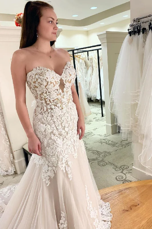 Midnight Madness Princess Long Sweetheart Mermaid Ivory Wedding Dress with Lace