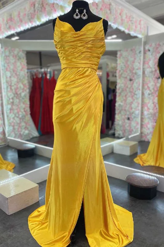 Great Deals Mermaid Backless Yellow Ruched Long Prom Dress
