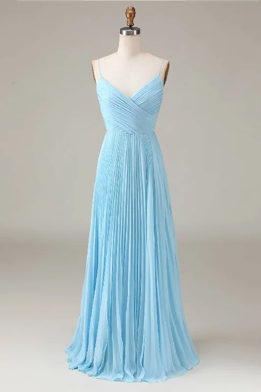 Stock Up and Save Pleated V-Neck Light Blue Chiffon Long Bridesmaid Dress