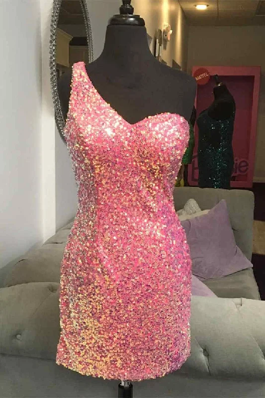 Best Bargains Short One Shoulder Pink Sequins Homecoming Dress