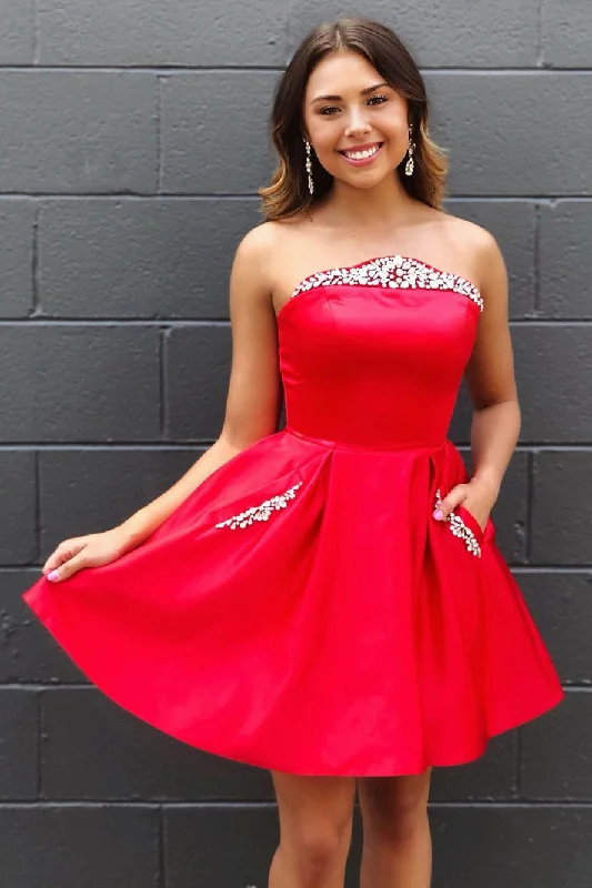 Can't Miss Strapless Crystals Short Satin Homecoming Dress with Pockets