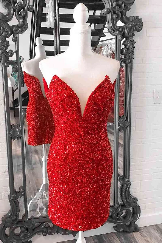 Discount Extravaganza Tight Strapless Red Sequins Short Party Dress