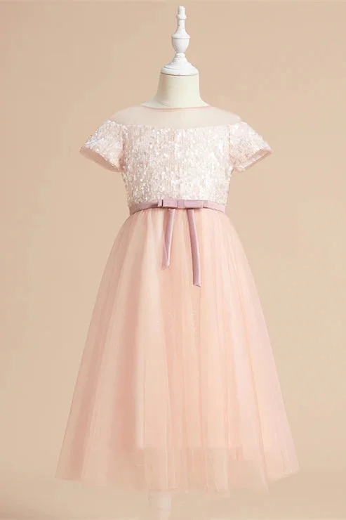 Unmissable Offer A-Line Blush Pink Long Flower Girl Dress with Short Sleeves