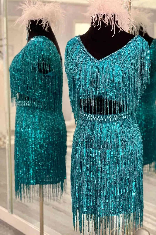 Exclusive Preview Two Piece Tassle V-Neck Tauquoise Homecoming Dress