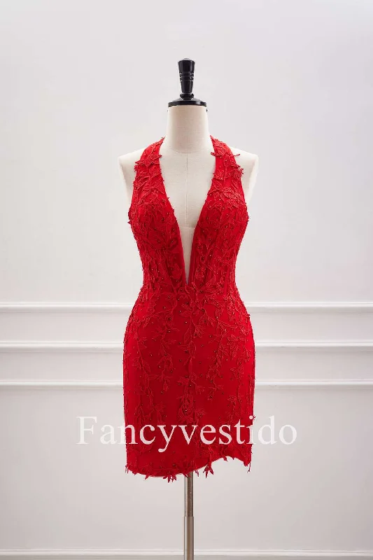Special Discount Halter Red Appliques Backless Tight Short Homecoming Dress