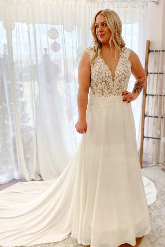 Final Clearance A-Line White Sheer Lace Bodice Long Wedding Dress