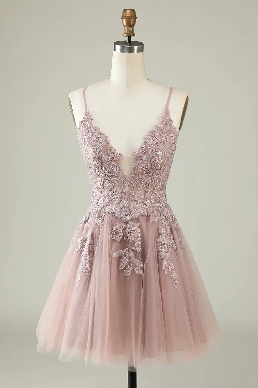 Special Price Lace-Up Blush Pink Appliques Short Homecoming Dress