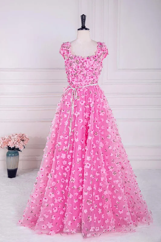 Unmissable Offer Hot Pink 3D Floral Cap Sleeves A-Line Prom Dress with Sash