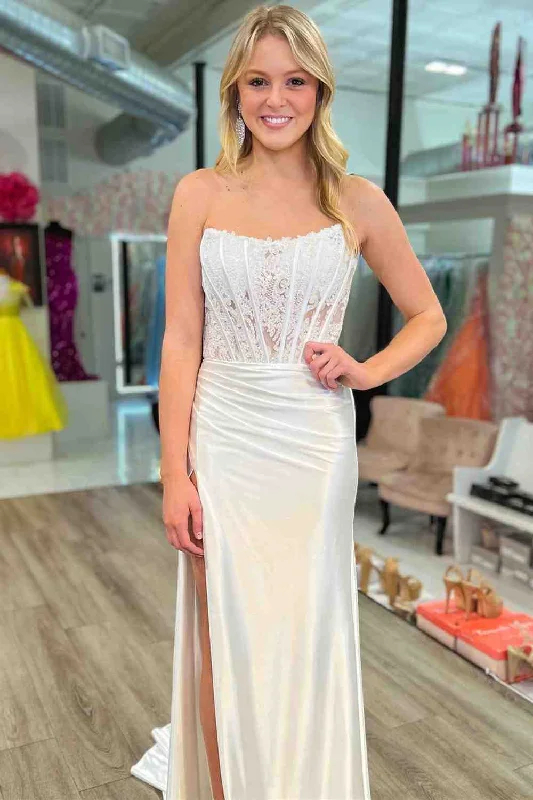 Markdowns Strapless Ivory Slit Mermaid Prom Dress with Sheer Lace Top