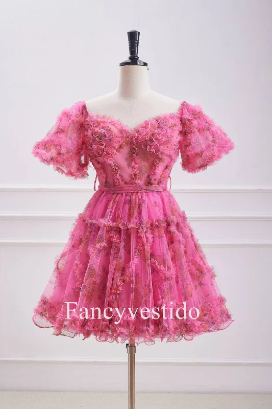 Deal Alert Princess Hot Pink Corset Floral Print Ruffle Homecoming Dress