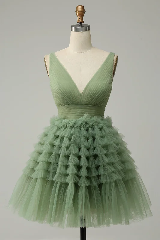 Take Advantage V-Neck Dusty Green Multi-Layers Tulle Short Homecoming Dress