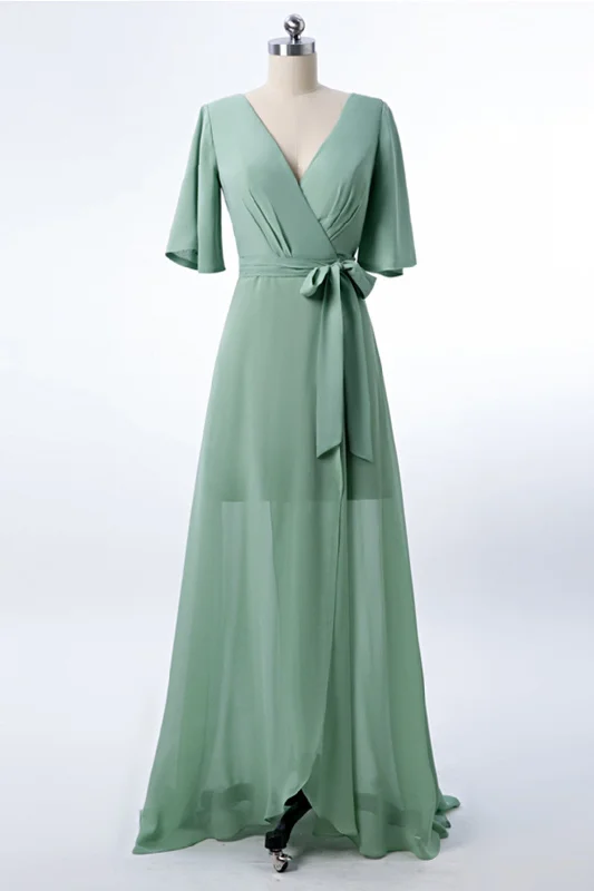 Shop and Save Chiffon Dusty Green Long Bridesmaid Dress with Sleeves