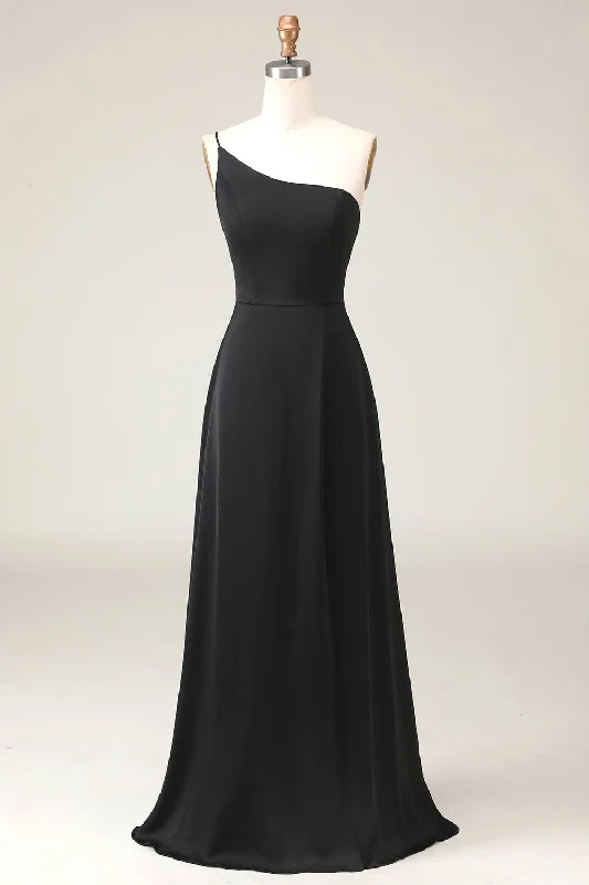Limited Stock Chic One Shoulder Black Chiffon Long Bridesmaid Dress
