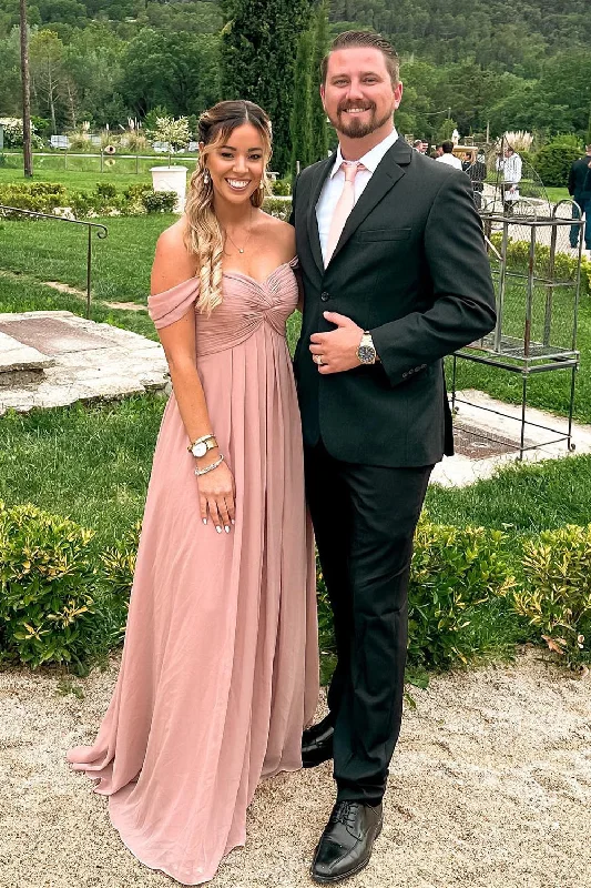 Act Fast Empire Off the Shoulder Blush Pink Long Bridesmaid Dress