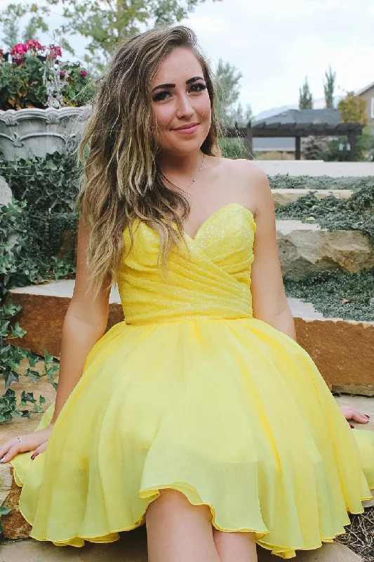 Deal Zone Glitter Sweetheart Pleated Yellow Chiffon Homecoming Dress