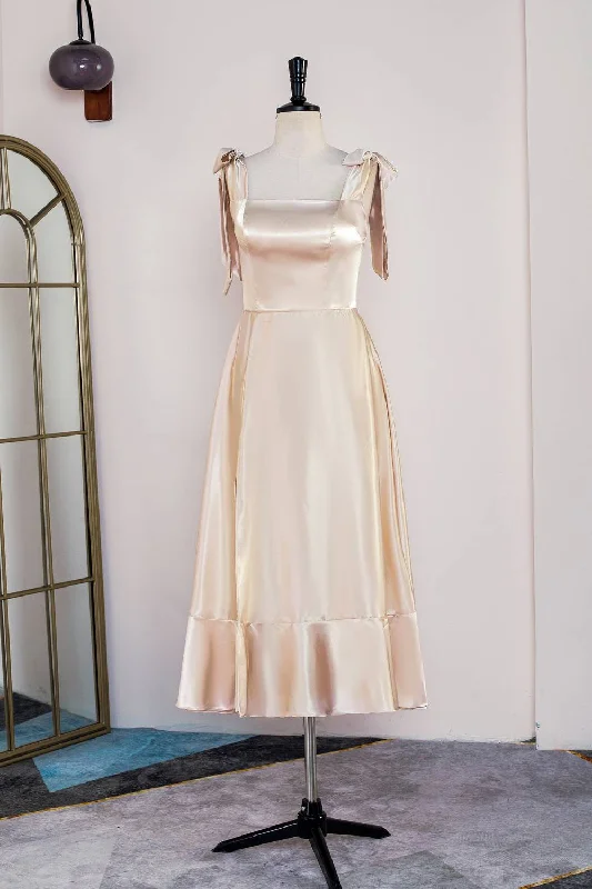 Stock Clearance Tie Shoulder Champagne Slit Midi Bridesmaid Dress