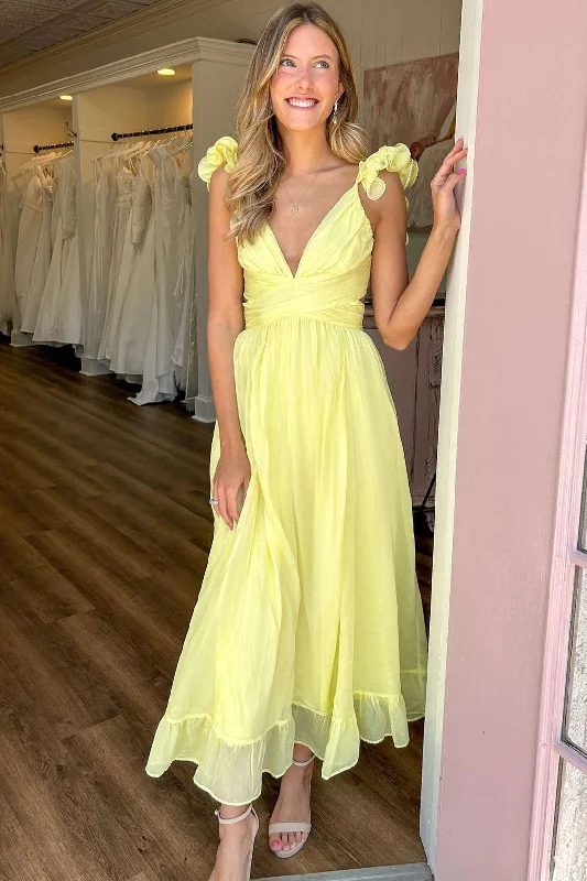 Bargain Blast Lace-Up Yellow Plunging V-Neck A-Line Prom Dress