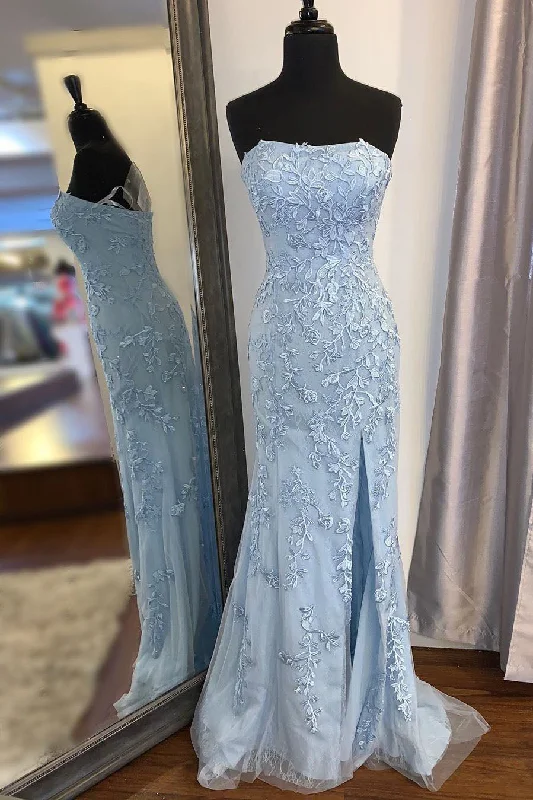 Take Advantage Elegant Strapless Mermaid Sky Blue Long Lace Prom Dress with Slit
