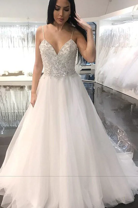 Hot Deal Long Spaghetti Strap A-line White Wedding Dress with Beads