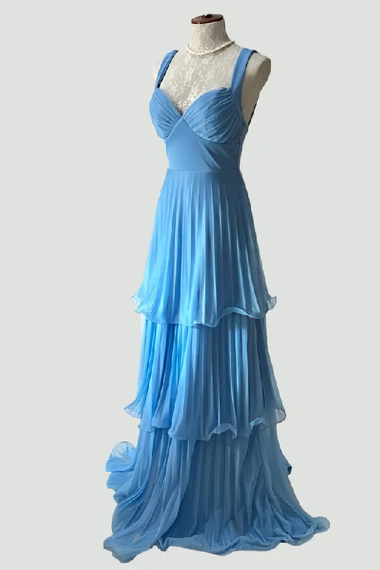 Savings Galore Straps Blue Corset Pleated Tiered Maxi Dress