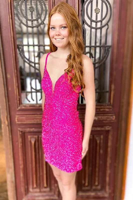 Reduced Prices Sparkle Hot Pink Sequins Short Party Dress