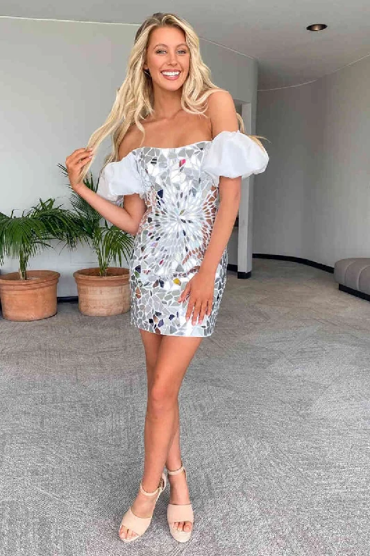 Deep Discounts Off the Shoulder Silver Cut Glass Mirror Homecoming Dress