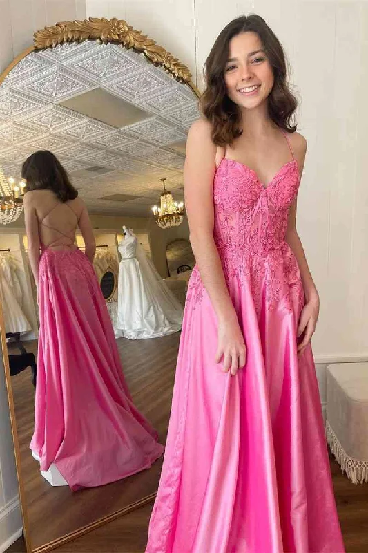 Price Fest Lace-Up Long Hot Pink A-Line Prom Dress with Appliques