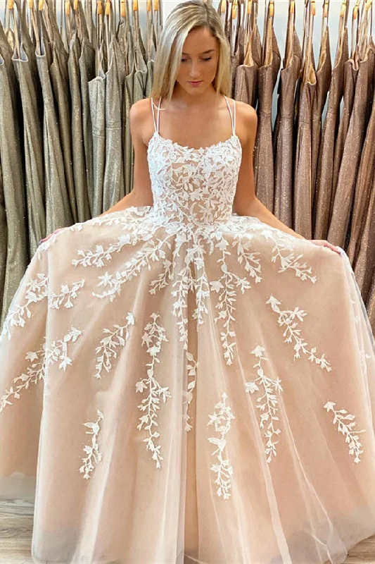 Deal Explosion A-line Straps Long Nude Lace Prom Dress with Lace-Up