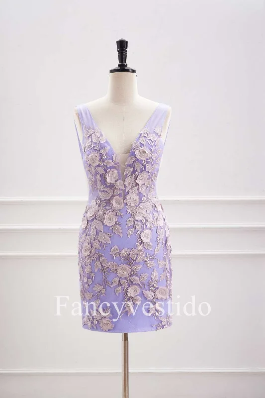 Buy More, Save More Plunging Neck Lavender 3D Flowers Fitted Homecoming Dress