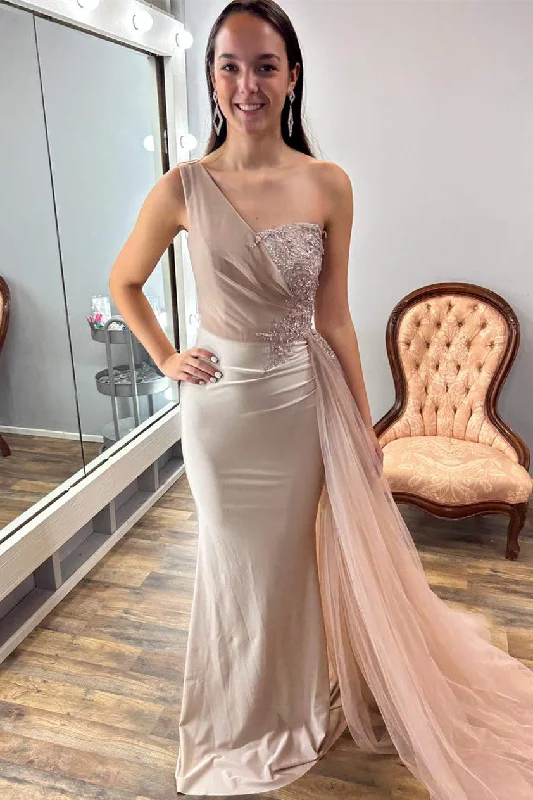 Special Savings One Shoulder Nude Appliqeus Long Prom Dress with Cape