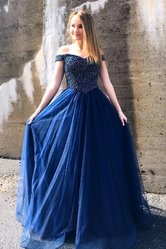 Grand Opening Sale Off the Shoulder Navy Blue Beaded Prom Dress