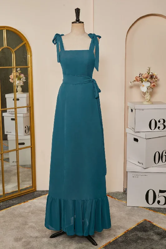 Price Buster Tie Straps Teal A-Line Bridesmaid Dress with Detachable Sash