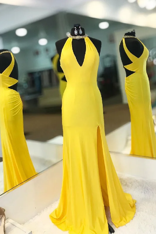 Price Break Elegant Halter Mermaid Yellow Long Prom Dress with Slit