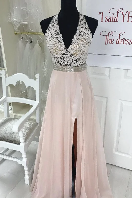 Doorbuster Deal Elegant Halter Blush Pink Chiffon Long Prom Dress with Slit