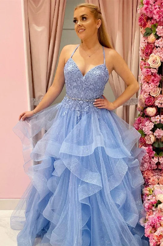 Members Only Princess Sky Blue Tiered Tulle Prom Dress with Appliques