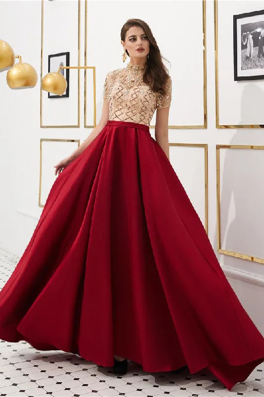 Stock Clearance High Neck Beading Long Red Prom Dress with Short Sleeves