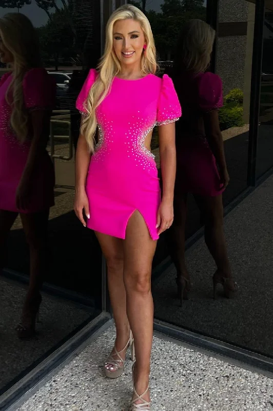 Seasonal Clearance Hot Pink Cutout Beaded Short Homecoming Dress with Puff Sleeves