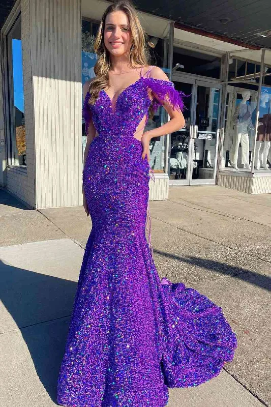 Special Offer Iridescent Purple Cutout Sequins Long Prom Dress with Feathers