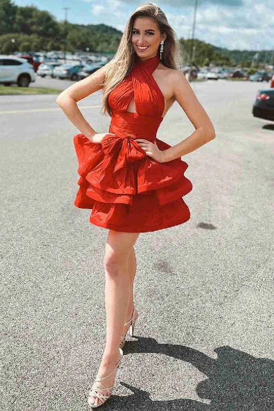 Sneak Peek Sale A-Line Red Halter Ruffle Short Party Dress