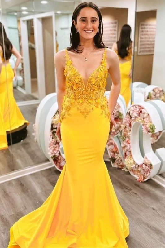 Bargain Blast Marigold Mermaid V-Neck Straps Long Prom Dress with Appliques