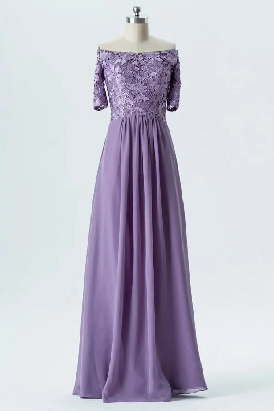 Act Fast Off the Shoulder Lavender Lace Bridesaid Dress