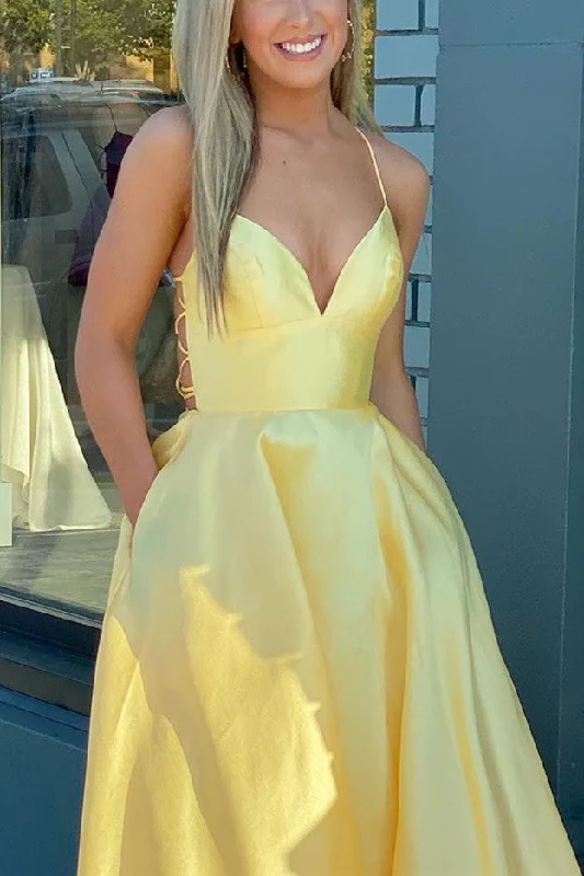 Amazing Deals Straps Yellow Satin Long Prom Dress with Lace Up Back
