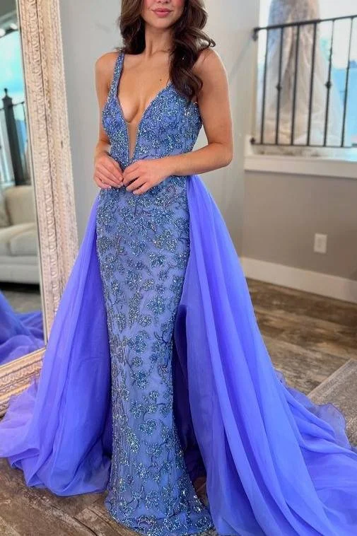 Weekend Flash Sale Plunging Neck Applique Prom Dress with Train
