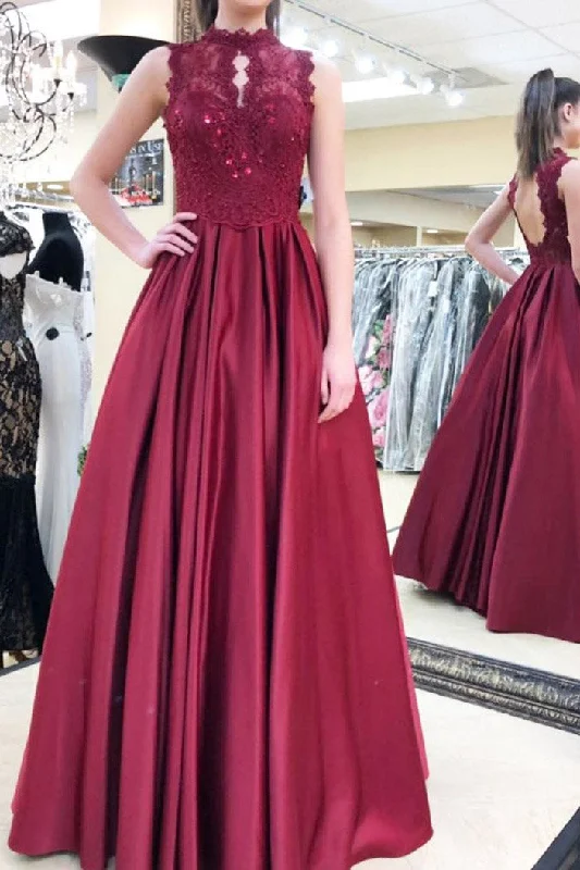 Amazing Deals High Collar A-Line Hollow Out Burgundy Long Prom Dress
